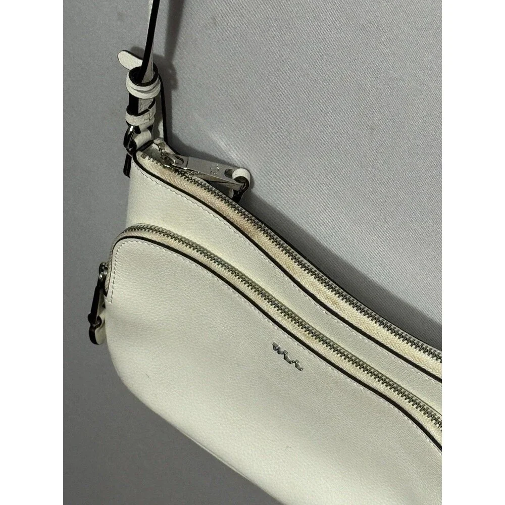 Lauren Ralph Lauren Pebbled Leather Crossbody Bag Ivory Cream RLL Silver Zip